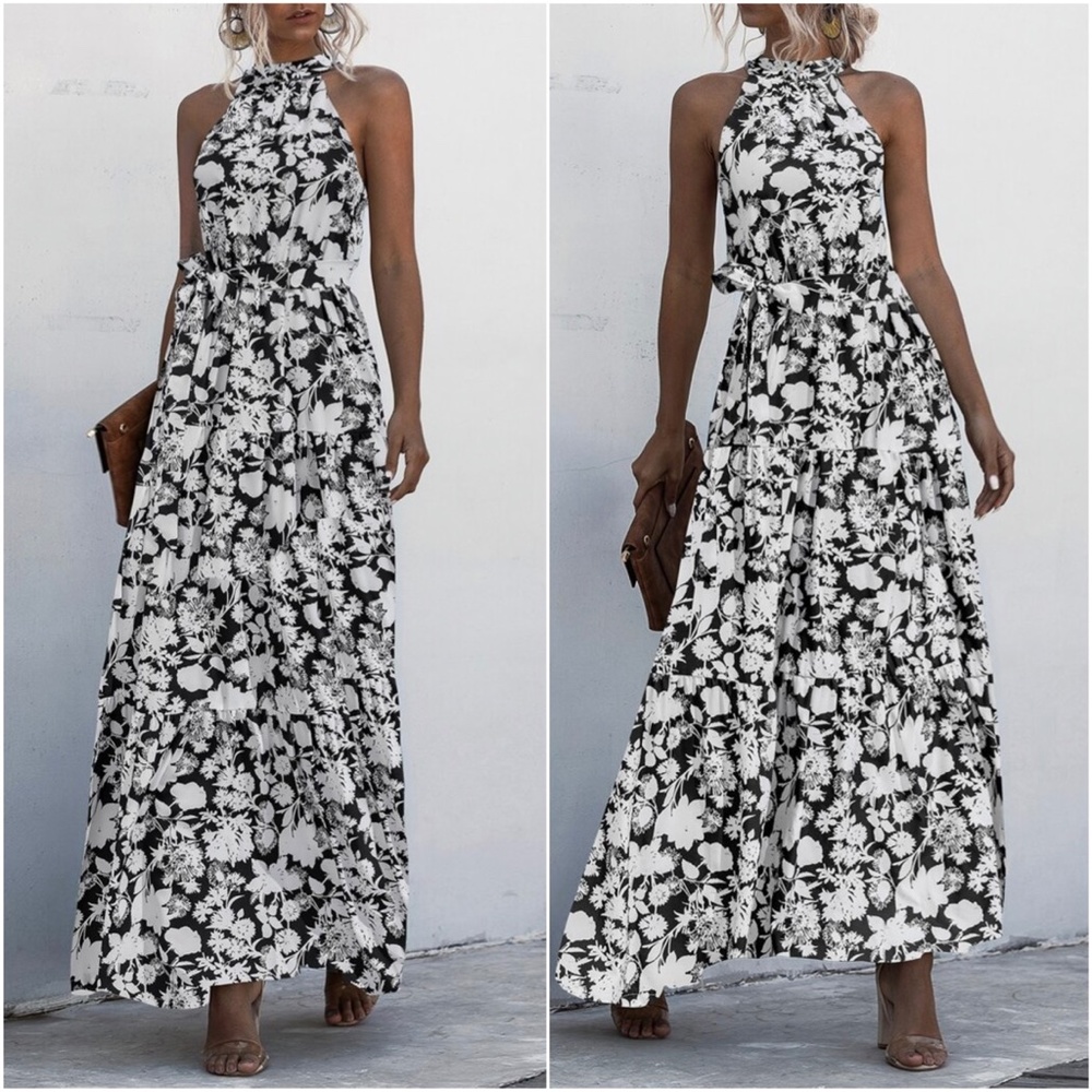 Boho Blue White Floral Print Halter Ruffle Maxi Dress - Picture 3 of 13